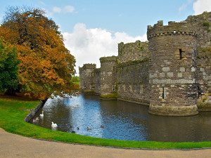 View of Beaumaris Castle and moat Anglesey North Wales