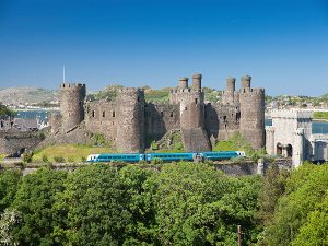 View of Conwy Castle with train