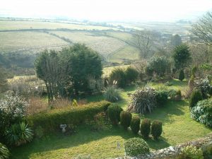 View of the garden from the main bedroom of Gors-lwyd Cottage Llithfaen Llyn Peninsula North Wales