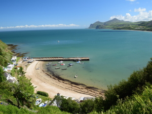 View of Nefyn beach and harbour from the coastal path