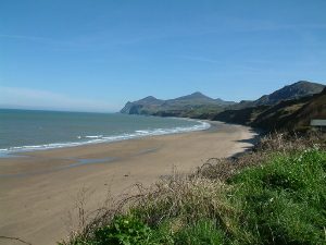 View of Nefyn beach and Yr Eifl in the distance Nefyn Llyn Peninsula North Wales