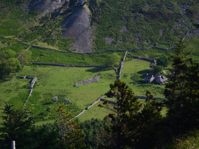 View of old disused farms at Nant Gwrtheryn Llithfaen Llyn Peninsula North Wales