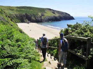 A view of Porth Ceiriad beach and steps Wales Coast Path Llyn Peninsula