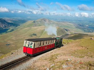 View of steam train to the summit of Mount Snowdon narrow gauge railway North Wales