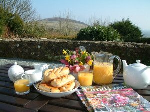 Afternoon Tea Orange juice tea and breakfast rolls outside Gors-lwyd Cottage Llithfaen Llyn Peninsula