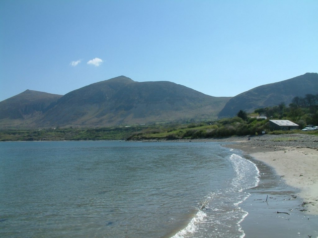 A view of the beach at Trefor with mountains Llŷn Peninsula