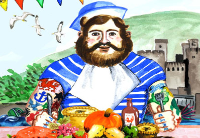 Conwy Feast Food festival logo. Drawing of man ready to eat food at the Conwy feast