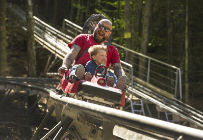 Zip World Fforest Coaster. Two peolpe on the alpine roller coaster